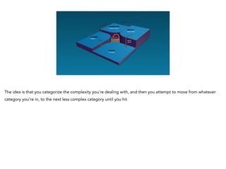 The idea is that you categorize the complexity you’re dealing with, and then you attempt to move from whatever
category you’re in, to the next less complex category until you hit
 