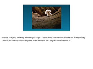 yo dave, that janky perl thing is broke again. Right? They’d dump it on me when it broke and that’s perfectly
rational, because why should they crawl down there with me? Why should I want them to?
 