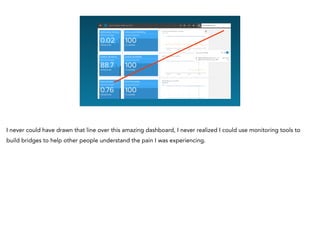 I never could have drawn that line over this amazing dashboard, I never realized I could use monitoring tools to
build bridges to help other people understand the pain I was experiencing.
 