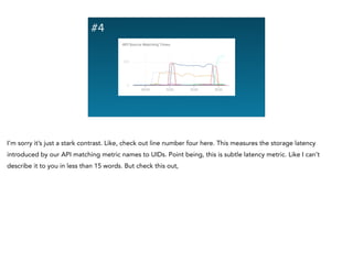 #4
I’m sorry it’s just a stark contrast. Like, check out line number four here. This measures the storage latency
introduced by our API matching metric names to UIDs. Point being, this is subtle latency metric. Like I can’t
describe it to you in less than 15 words. But check this out,
 