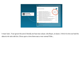 I mean look.. if we ignore the zero’s literally we have two values. Like Bryan, sit down, I think it’s time we had the
data-to-ink ratio talk bro. Once upon a time there was a man named Tufte…
 