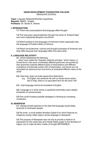 THE FIVE (5) LINGUISTIC RELATIVITY HANDOUT | PDF
