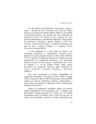 2. Abelhas da Caatinga
93
Um dos gêneros de Paracolletini, Eulonchopria, chegou a
atingir a América do Norte. Entretanto, não ocorre nas regiões
tropicais, em especial nas florestas úmidas (Tabela 2). Esse padrão
de distribuição disjunta, com presença nas áreas temperadas da
América do Norte e da América do Sul e ausência nas áreas
tropicais intermediárias, é denominado anfitropical. Outros grupos
de distribuição anfitropical, segundo Michener (1979), são:
Ptilothrix, Protandrena-Psaenithia, a subfamília Dufoureinae, da
qual faz parte o gênero Ceblurgus e o subgênero Centris
(Paracentris) (Zanella 2002b).
A tribo Meliponini é o único grupo de abelhas com
distribuição pantropical ou circuntropical, ocorrendo princi-
palmente nas regiões tropicais úmidas ao redor mundo (Michener
1979). Os gêneros de Meliponini presentes na Caatinga são todos
representantes do componente neotropical, com distribuição
limitada, em geral, às terras tropicais e subtropicais, entre o norte
da Argentina e o sul dos Estados Unidos. Outros grupos
neotropicais são: Euglossini, Epicharis, alguns subgêneros de
Centris, Ancyloscelis, Tetrapedia, Ptiloglossa e Mesocheira
(Tabela 2).
Para uma reconstrução da história biogeográfica de
componente neotropical, veja Amorin & Pires (1996), Camargo
(1996) e Camargo & Moure (1996). Recentemente, Oliveira (2000)
estudou, por meio de metodologia cladística e biogeográfica, o
gênero Eulaema (Euglossini), e Gaglianone (2001) estudou alguns
subgêneros de Epicharis.
Dentro do componente neotropical, apenas um possível
traçado biogeográfico está documentado para a Caatinga, aqui
denominado “Caatinga-Amazônia SE” (Figura 1a). Um traçado
biogeográfico pode ser definido como a linha reta que liga, no
espaço, duas populações, espécies ou grupos relacionados que
 