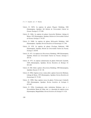 F. C. V. Zanella & C. F. Martins
130
URBAN, D. 1967b. As espécies do gênero Thygater Holmberg, 1884
(Hymenoptera, Apoidea). Bol Boletim da Universidade Federal do
Paraná, Zoologia 2: 177-309.
URBAN, D. 1968a. As espécies do gênero Gaesischia Michener, Laberge &
Moure, 1955 (Hymenoptera, Apoidea). Boletim da Universidade Federal
do Paraná, Zoologia 3: 79-129.
URBAN, D. 1968b. As espécies do gênero Melissoptila Holmberg, 1884
(Hymenoptera - Apoidea). Revista Brasileira de Entomologia 13: 1-94.
URBAN, D. 1970. As espécies do gênero Florilegus Robertson, 1900
(Hymenoptera, Apoidea). Boletim da Universidade Federal do Paraná,
Zoologia 3: 245-80.
URBAN, D. 1971. As espécies de Alloscirtetica Holmberg, 1909 (Hymenoptera,
Apoidea). Boletim da Universidade Federal do Paraná, Zoologia 3:
307-70.
URBAN, D. 1973. As espécies sulamericanas do gênero Melissodes (Latreille,
1829) (Hymenoptera, Apoidea). Revista Brasileira de Biologia 33:
201-220.
URBAN, D. 1982. Sobre o gênero Alloscirtetica Holmberg, 1909 (Hymenoptera,
Apoidea). Dusenia 13: 65 - 80.
URBAN, D. 1989a. Espécies novas e notas sobre o gênero Gaesischia Michener,
Laberge & Moure, 1955 (Hymenoptera, Apoidea). Revista Brasileira de
Entomologia 33: 75-102.
URBAN, D. 1989b. Duas espécies novas do gênero Trichocerapis Cockerell,
1904 (Hymenoptera, Apoidea). Revista brasileira de Zoologia 6:
457-462.
URBAN, D. 1992a. Considerações sobre Anthidulum Michener, stat. n. e
Dicranthidium Moure & Urban, stat. n. e descrições de espécies novas
(Hymenoptera, Megachilidae). Revista brasileira de Zoologia 9: 11-28.
 