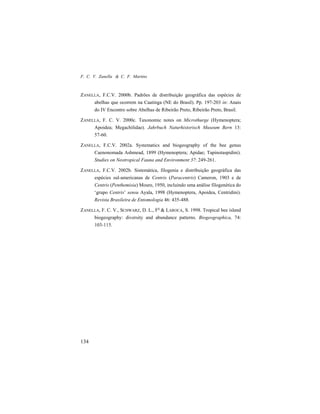 F. C. V. Zanella & C. F. Martins
134
ZANELLA, F.C.V. 2000b. Padrões de distribuição geográfica das espécies de
abelhas que ocorrem na Caatinga (NE do Brasil). Pp. 197-203 in: Anais
do IV Encontro sobre Abelhas de Ribeirão Preto, Ribeirão Preto, Brasil.
ZANELLA, F. C. V. 2000c. Taxonomic notes on Microthurge (Hymenoptera;
Apoidea; Megachilidae). Jahrbuch Naturhistorisch Museum Bern 13:
57-60.
ZANELLA, F.C.V. 2002a. Systematics and biogeography of the bee genus
Caenonomada Ashmead, 1899 (Hymenoptera; Apidae; Tapinotaspidini).
Studies on Neotropical Fauna and Environment 37: 249-261.
ZANELLA, F.C.V. 2002b. Sistemática, filogenia e distribuição geográfica das
espécies sul-americanas de Centris (Paracentris) Cameron, 1903 e de
Centris (Penthemisia) Moure, 1950, incluindo uma análise filogenética do
‘grupo Centris’ sensu Ayala, 1998 (Hymenoptera, Apoidea, Centridini).
Revista Brasileira de Entomologia 46: 435-488.
ZANELLA, F. C. V., SCHWARZ, D. L., FO
& LAROCA, S. 1998. Tropical bee island
biogeography: diversity and abundance patterns. Biogeographica, 74:
103-115.
 