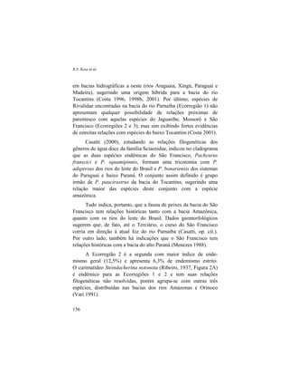 R.S. Rosa et al.
156
em bacias hidrográficas a oeste (rios Araguaia, Xingú, Paraguai e
Madeira), sugerindo uma origem híbrida para a bacia do rio
Tocantins (Costa 1996, 1998b, 2001). Por último, espécies de
Rivulidae encontradas na bacia do rio Parnaíba (Ecorregião 1) não
apresentam qualquer possibilidade de relações próximas de
parentesco com aquelas espécies do Jaguaribe, Mossoró e São
Francisco (Ecorregiões 2 e 3), mas sim exibindo fortes evidências
de estreitas relações com espécies do baixo Tocantins (Costa 2001).
Casatti (2000), estudando as relações filogenéticas dos
gêneros de água doce da família Sciaenidae, indicou no cladograma
que as duas espécies endêmicas do São Francisco, Pachyurus
franscici e P. squamipinnis, formam uma tricotomia com P.
adspersus dos rios do leste do Brasil e P. bonariensis dos sistemas
do Paraguai e baixo Paraná. O conjunto assim definido é grupo
irmão de P. paucirastrus da bacia do Tocantins, sugerindo uma
relação maior das espécies deste conjunto com a espécie
amazônica.
Tudo indica, portanto, que a fauna de peixes da bacia do São
Francisco tem relações históricas tanto com a bacia Amazônica,
quanto com os rios do leste do Brasil. Dados geomorfológicos
sugerem que, de fato, até o Terciário, o curso do São Francisco
corria em direção à atual foz do rio Parnaíba (Casatti, op. cit.).
Por outro lado, também há indicações que o São Francisco tem
relações históricas com a bacia do alto Paraná (Menezes 1988).
A Ecorregião 2 é a segunda com maior índice de ende-
mismo geral (12,5%) e apresenta 6,3% de endemismo estrito.
O curimatídeo Steindacherina notonota (Ribeiro, 1937, Figura 2A)
é endêmico para as Ecorregiões 1 e 2 e tem suas relações
filogenéticas não resolvidas, porém agrupa-se com outras três
espécies, distribuídas nas bacias dos rios Amazonas e Orinoco
(Vari 1991).
 