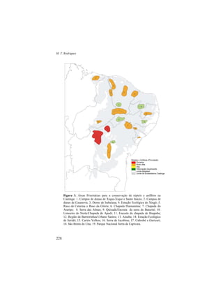 M. T. Rodrigues
228
Figura 3. Áreas Prioritárias para a conservação de répteis e anfíbios na
Caatinga: 1. Campos de dunas de Xique-Xique e Santo Inácio; 2. Campos de
dunas de Casanova; 3. Domo de Itabaiana; 4. Estação Ecológica do Xingó; 5.
Raso da Catarina e Raso da Glória; 6. Chapada Diamantina; 7. Chapada do
Araripe; 8. Serra das Almas; 9. Quixadá/Encosta da serra de Baturité; 10.
Limoeiro do Norte/Chapada do Apodi; 11. Encosta da chapada de Ibiapaba;
12. Região de Barreirinhas/Urbano Santos; 13. Aiuaba; 14. Estação Ecológica
de Seridó; 15. Cariris Velhos; 16. Serra de Jacobina; 17. Cabrobó e Ouricuri;
18. São Bento do Una; 19. Parque Nacional Serra da Capivara.
 