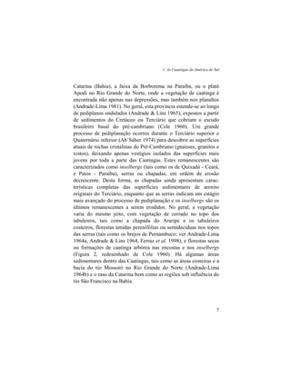 1. As Caatingas da América do Sul
7
Catarina (Bahia), a faixa da Borborema na Paraíba, ou o platô
Apodi no Rio Grande do Norte, onde a vegetação de caatinga é
encontrada não apenas nas depressões, mas também nos planaltos
(Andrade-Lima 1981). No geral, esta província estende-se ao longo
de pediplanos ondulados (Andrade & Lins 1965), expostos a partir
de sedimentos do Cretáceo ou Terciário que cobriam o escudo
brasileiro basal do pré-cambriano (Cole 1960). Um grande
processo de pediplanação ocorreu durante o Terciário superior e
Quaternário inferior (Ab’Sáber 1974) para descobrir as superfícies
atuais de rochas cristalinas do Pré-Cambriano (gnaisses, granitos e
xistos), deixando apenas vestígios isolados das superfícies mais
jovens por toda a parte das Caatingas. Estes remanescentes são
caracterizados como inselbergs (tais como os de Quixadá - Ceará,
e Patos - Paraíba), serras ou chapadas, em ordem de erosão
decrescente. Desta forma, as chapadas ainda apresentam carac-
terísticas completas das superfícies sedimentares de arenito
originais do Terciário, enquanto que as serras indicam um estágio
mais avançado do processo de pediplanação e os inselbergs são os
últimos remanescentes a serem erodidos. No geral, a vegetação
varia do mesmo jeito, com vegetação de cerrado no topo dos
tabuleiros, tais como a chapada do Araripe e os tabuleiros
costeiros, florestas úmidas perenifólias ou semidecíduas nos topos
das serras (tais como os brejos de Pernambuco; ver Andrade-Lima
1964a, Andrade & Lins 1964, Ferraz et al. 1998), e florestas secas
ou formações de caatinga arbórea nas encostas e nos inselbergs
(Figura 2, redesenhado de Cole 1960). Há algumas áreas
sedimentares dentro das Caatingas, tais como as áreas costeiras e a
bacia do rio Mossoró no Rio Grande do Norte (Andrade-Lima
1964b) e o raso da Catarina bem como as regiões sob influência do
rio São Francisco na Bahia.
 