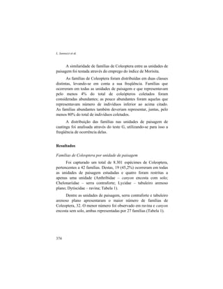 L. Iannuzzi et al.
374
A similaridade de famílias de Coleoptera entre as unidades de
paisagem foi testada através do emprego do índice de Morisita.
As famílias de Coleoptera foram distribuídas em duas classes
distintas, levando-se em conta a sua freqüência. Famílias que
ocorreram em todas as unidades de paisagem e que representavam
pelo menos 4% do total de coleópteros coletados foram
consideradas abundantes; as pouco abundantes foram aquelas que
representavam número de indivíduos inferior ao acima citado.
As famílias abundantes também deveriam representar, juntas, pelo
menos 80% do total de indivíduos coletados.
A distribuição das famílias nas unidades de paisagem de
caatinga foi analisada através do teste G, utilizando-se para isso a
freqüência de ocorrência delas.
Resultados
Famílias de Coleoptera por unidade de paisagem
Foi capturado um total de 8.301 espécimes de Coleoptera,
pertencentes a 42 famílias. Destas, 19 (45,2%) ocorreram em todas
as unidades de paisagem estudadas e quatro foram restritas a
apenas uma unidade (Anthribidae – canyon encosta com solo;
Chelonariidae – serra contraforte; Lycidae – tabuleiro arenoso
plano; Dytiscidae – ravina; Tabela 1).
Dentre as unidades de paisagem, serra contraforte e tabuleiro
arenoso plano apresentaram o maior número de famílias de
Coleoptera, 32. O menor número foi observado em ravina e canyon
encosta sem solo, ambas representadas por 27 famílias (Tabela 1).
 