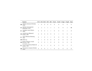 Espécies CCS CSS RAV SCF SEC TAreC TAreP TArgC TArgP Total
(R)
Ambonus distinctus (Newman,
1840)
1 0 0 0 0 0 0 0 0 1
(C)
Ambonus interrogationis
(Blanchard, 1843)
2 2 1 1 1 1 0 0 2 10
(I)
Anelaphus souzai (Zajciw,
1964)
0 0 0 1 1 0 0 0 1 3
(R)
Antodice kyra Martins &
Galileo, 1998
0 0 0 0 0 0 1 0 0 1
(I)
Ataxia albisetosa Breuning,
1940
0 1 0 1 1 0 0 0 0 3
(R) Bebelis sp. 0 1 0 0 0 0 0 0 0 1
(R)
Bisaltes (Bisaltes) strandi
Breuning, 1940
0 2 0 1 0 0 0 0 0 3
(I)
Cacostola nordestina Martins &
Galileo, 1999
1 0 1 1 0 0 3 0 1 7
(R)
Chrysoprasis aurigena (Germar,
1824)
0 0 0 1 1 0 0 0 0 2
 