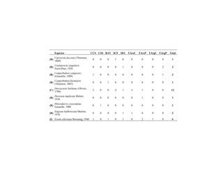 Espécies CCS CSS RAV SCF SEC TAreC TAreP TArgC TArgP Total
(R)
Cipriscola fasciata (Thomson,
1860)
0 0 0 1 0 0 0 0 0 1
(R)
Coeloprocta singularis
Aurivillius, 1926
0 0 0 0 1 0 0 0 2 3
(R)
Compsibidion campestre
(Gounelle, 1909)
1 0 0 0 0 0 0 0 1 2
(R)
Compsibidion fairmairei
(Thomson, 1865)
0 0 1 0 0 0 0 0 0 1
(C)
Dorcacerus barbatus (Olivier,
1790)
2 0 0 4 1 4 1 0 0 12
(R)
Dorcasta implicata Melzer,
1934
0 0 0 0 0 0 1 0 0 1
(R)
Eburodacrys crassimana
Gounelle, 1909
0 1 0 0 0 0 0 0 0 1
(R)
Engyum ludibriosum Martins,
1970
0 0 0 0 1 1 0 0 0 2
(I) Estola alternata Breuning, 1940 1 0 1 0 1 0 2 1 0 6
 