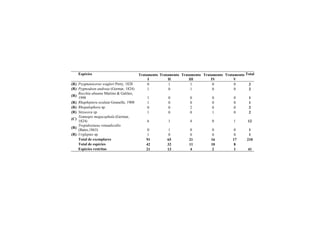 Espécies Tratamento
I
Tratamento
II
Tratamento
III
Tratamento
IV
Tratamento
V
Total
(R) Psygmatocerus wagleri Perty, 1828 0 1 1 0 0 2
(R) Pygmodeon andreae (Germar, 1824) 1 0 1 0 0 2
(R)
Recchia abauna Martins & Galileo,
1998 1 0 0 0 0 1
(R) Rhaphiptera oculata Gounelle, 1908 1 0 0 0 0 1
(R) Rhopalophora sp. 0 0 2 0 0 2
(R) Stizocera sp. 1 0 0 1 0 2
(C)
Temnopis megacephala (Germar,
1824) 6 1 4 0 1 12
(R)
Tropidozineus rotundicollis
(Bates,1863) 0 1 0 0 0 1
(R) Urgleptes sp. 1 0 0 0 0 1
Total de exemplares 91 65 21 16 17 210
Total de espécies 42 32 11 10 8
Espécies restritas 21 13 4 2 1 41
 