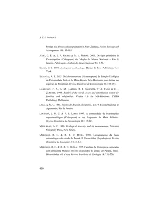 A. C. D. Maia et al.
430
beetles in a Pinus radiata plantation in New Zealand. Forest Ecology and
Management 118: 93-105.
JÚLIO, C. E. A., J. A. GIORGI & M. A. MONNÉ. 2001. Os tipos primários de
Cerambycidae (Coleoptera) da Coleção do Museu Nacional – Rio de
Janeiro. Publicações Avulsas do Museu Nacional 84: 1-54.
KREBS, C. J. 1989. Ecological methodology. Harper & Row Publishers, New
York.
KUMAGAI, A. F. 2002. Os Ichneumonidae (Hymenoptera) da Estação Ecológica
da Universidade Federal de Minas Gerais, Belo Horizonte, com ênfase nas
espécies de Pimplinae. Revista Brasileira de Entomologia 46: 189-194.
LAWRENCE, F. A., A. M. HASTING, M. J. DALLWITZ, T. A. PAINE & E. J.
ZURCHER. 1999. Beetles of the world. A key and information system for
families and subfamilies. Version 1.0 for MS-Windows. CSIRO
Publishing, Melbourne.
LIMA, A. M. C. 1955. Insetos do Brasil, Coleópteros, Vol. 9. Escola Nacional de
Agronomia, Rio de Janeiro.
LOUZADA, J. N. C. & F. S. LOPES. 1997. A comunidade de Scarabaeidae
copronecrófagos (Coleoptera) de um fragmento de Mata Atlântica.
Revista Brasileira de Entomologia 41: 117-121.
MAGURRAN, A. E. 1988. Ecological diversity and its measurement. Princeton
University Press, New Jersey.
MARINONI, R. C. & R. R. C. DUTRA. 1996. Levantamento da fauna
entomológica do estado do Paraná. II Ctenuchidae (Lepidoptera). Revista
Brasileira de Zoologia 13: 435-461.
MARINONI, R. C. & R. R. C. DUTRA. 1997. Famílias de Coleoptera capturadas
com armadilha Malaise em oito localidades do estado do Paraná, Brasil.
Diversidades alfa e beta. Revista Brasileira de Zoologia 14: 751-770.
 
