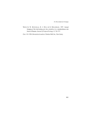 10. Diversidade de Formigas
461
WIRTH R, W. BEYSCHLAG, R. J. RYEL & B. HÖLLDOBLER. 1997. Annual
foraging of the leaf-cutting ant Atta colombica in a semideciduous rain
forest in Panama. Journal of Tropical Ecology 13: 741-757.
ZAR, J. H. 1996. Biostatistical analysis. Prentice Hall, Inc., New Jersey.
 