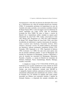 11. Lagartos e Anfisbenídeos (Squamata) dos Brejos Nordestinos
473
maranguapensis e mais dois em processo de descrição (Placosoma
sp. e Amphisbaena sp.), além do escorpião descrito por Lourenço
(1988). O levantamento preliminar da herpetofauna da serra da
Aratanha está sendo concluído, com excelentes resultados (Amaral
& Borges-Nojosa 2001). A área tem alguns casos de endemismo de
insetos registrados por Lopes (1974), além da ornitofauna
levantada por Silva (2000). De todos os brejos, o maciço de
Baturité tem a herpetofauna melhor estudada no aspecto geral
(Nascimento & Lima-Verde 1989, Cunha, Lima-Verde & Lima
1991, Borges 1991, Hoogmoed et al. 1994, Silva 1996, Rodrigues
& Borges 1997, Borges-Nojosa & Lima-Verde 1999), com casos
reconhecidos de endemismos e registros interessantes de serpentes,
como a Lachesis muta rhombeata, Drymoluber dichrous, Sibon
nebulata e Imantodes cenchoa. Os estudos botânicos, precursores
aos faunísticos, indicam constatações semelhantes (Gomes 1978,
Fernandes 1990, Figueiredo et al. 1990, Figueiredo & Barboza
1990, Cavalcante et al. 2000). Em cada serra existe apenas uma
área de proteção ambiental estadual. A serra de Maranguape está
inserida nos municípios de Maranguape, Caucaia e Maracanaú; a
serra da Aratanha nos municípios de Maranguape, Maracanaú,
Pacatuba e Guaiuba; e o maciço de Baturité nos municípios de
Palmácia, Redenção, Pacoti, Guaramiranga, Baturité, Mulungu,
Aratuba e Aracoiaba.
A chapada do Araripe (7°10’-7°50’S/39°00’-39°50’W) está
localizada ao sul, na parte meridional do Ceará, distante do litoral
cerca de 450 km. É desenvolvida nas rochas cretáceas do grupo
Araripe, com níveis altimétricos variando entre 800-900 m.
A topografia, bastante uniforme, apresenta-se horizontal no topo e
estreitamente influenciado pela estratificação dos arenitos e silitos
da formação Exu. Os rebordos da chapada estão quase sempre
associados aos folhetos com concreções calcárias e argilitos da
formação Santana, e a disposição das camadas orientadas para
 