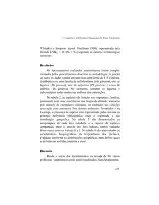11. Lagartos e Anfisbenídeos (Squamata) dos Brejos Nordestinos
477
Whittaker e Simpson (apud Duellman 1990), representado pela
fórmula CSB1,2 = 2C/(N1 + N2) seguindo as mesmas terminologias
anteriores.
Resultados
Os levantamentos realizados anteriormente foram comple-
mentados pelos procedimentos descritos na metodologia. A junção
de todos os dados resulta em uma lista com cerca de 115 espécies,
distribuídas em uma família de anfisbenídeos (três gêneros), oito de
lagartos (26 gêneros), sete de serpentes (29 gêneros) e cinco de
anfíbios (16 gêneros). No momento, somente os lagartos e
anfisbenídeos serão usados nas análises das correlações.
Na tabela 2, as espécies são listadas nas respectivas famílias,
juntamente com suas ocorrências nos brejos-de-altitude, marcadas
pelo número de exemplares coletados, ou tombados nas coleções
(marcação com asterisco). Nos demais ambientes florestados e na
Caatinga, a presença da espécie está representada pelas iniciais da
principal referência bibliográfica onde é registrada a sua
distribuição geográfica. Na tabela 3 são demonstradas as
composições de cada área estudada, e a riqueza de espécies
comparadas entre si através dos dois índices, ambos variando
linearmente entre os valores 0 e 1. Na tabela 4 são apresentadas as
características biogeográficas da herpetofauna dos enclaves,
avaliadas conforme as distribuições geográficas, para definir quais
as influências sofridas, pretérita e atual.
Discussão
Desde o início dos levantamentos na década de 80, vários
problemas taxonômicos estão sendo localizados. Satisfatoriamente,
 