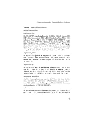 11. Lagartos e Anfisbenídeos (Squamata) dos Brejos Nordestinos
503
Apêndice. Lista do Material Examinado:
Família Amphisbaenidae
Amphisbaena alba:
BRASIL: CEARÁ: planalto da Ibiapaba: IBIAPINA: Cidade de Ibiapina: UFC
L1204. Sítio Santo Antônio: UFC L2245. Cinta da Boa Vista: MNRJ 9305.
Ladeira do Mucambo: MNRJ 9306, UFC L2266. SÃO BENEDITO: Inhuçú,
Sítio Buriti-apuá: MNRJ 9304. TIANGUÁ: Estrada Tianguá-Ubajara: UFC
L2199. UBAJARA: Cidade de Ubajara: MNRJ 9307. serra de Maranguape:
MARANGUAPE. Linha da Serra: UFC L2247. Trilha do Cascatinha: UFC
L2120. Tanques: UFC L1563. serra da Aratanha: PACATUBA: UFC L2235.
maciço de Baturité: GUARAMIRANGA: Linha da Serra: UFC L2246.
Amphisbaena pretrei:
BRASIL: CEARÁ: planalto da Ibiapaba: IBIAPINA: Ladeira do Mucambo:
UFC L2278. UBAJARA: Murimbeca: UFC L2012, MNRJ 9308, UFC L2073.
chapada do Araripe: BARBALHA: Arajara: MZUSP 52.360-366. CRATO:
MZUSP 47.717.
Amphisbaena sp.:
BRASIL: CEARÁ: serra de Maranguape, MARANGUAPE: Linha da Serra:
UFC L2122, UFC L2129, UFC L2243. maciço de Baturité, PACOTI:
Monguba: MZUSP 87775-76, MNRJ 9322, UFC L2241. Sítio Olho d’Água dos
Tangarás: MNRJ 9321, UFC L2281. MULUNGU: Sítio Lorena: UFC L2244.
Amphisbaena vermicularis:
BRASIL: CEARÁ: planalto da Ibiapaba: IBIAPINA: Sítio Santo Antônio:
MNRJ 9309, UFC L2061, MNRJ 9310. SÃO BENEDITO: Inhuçú, Sítio Buriti-
apuá: UFC L2036. serra de Maranguape: MARANGUAPE: Comunidade
planalto do Cajueiro: UFC L2124, UFC L2270.
Aulura anomala:
BRASIL: CEARÁ: planalto da Ibiapaba: IBIAPINA: Cinta Boa Vista: MNRJ
9313-14, UFC L2274. Ladeira do Mucambo: UFC L2271. SÃO BENEDITO:
 