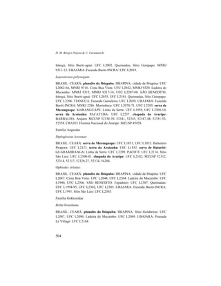 D. M. Borges-Nojosa & U. Caramaschi
504
Inhuçú, Sítio Buriti-apuá: UFC L2002. Queimadas, Sítio Genipapo: MNRJ
9311-12. UBAJARA: Fazenda Buriti-INCRA: UFC L2019.
Leposternon polystegum:
BRASIL: CEARÁ: planalto da Ibiapaba. IBIAPINA: cidade de Ibiapina: UFC
L2062-66, MNRJ 9316. Cinta Boa Vista: UFC L2042, MNRJ 9320. Ladeira do
Mucambo: MNRJ 9315, MNRJ 9317-18, UFC L2207-08. SÃO BENEDITO:
Inhuçú, Sítio Buriti-apuá: UFC L2035, UFC L2101. Queimadas, Sítio Genipapo:
UFC L2206. TIANGUÁ: Fazenda Gameleira: UFC L2038. UBAJARA: Fazenda
Buriti-INCRA: MNRJ 2286. Murimbeca: UFC L2070-71, UFC L2205. serra de
Maranguape: MARANGUAPE: Linha da Serra: UFC L1959, UFC L2209-10.
serra da Aratanha: PACATUBA: UFC L2237. chapada do Araripe:
BARBALHA: Arajara: MZUSP 52338-39, 52341, 52345, 52347-48, 52351-53,
52358. CRATO: Floresta Nacional do Araripe: MZUSP 45928.
Família Anguidae
Diploglossus lessonae:
BRASIL: CEARÁ: serra de Maranguape: UFC L1851, UFC L1853. Balneário
Pirapora: UFC L2123. serra da Aratanha: UFC L1852. serra de Baturité:
GUARAMIRANGA: Linha da Serra: UFC L2299. PACOTI: UFC L2116. Sítio
São Luiz: UFC L2300-01. chapada do Araripe: UFC L2102; MZUSP 52312,
52314, 52317, 52326-27, 52334, 54284.
Ophiodes striatus:
BRASIL: CEARÁ: planalto da Ibiapaba: IBIAPINA: cidade de Ibiapina: UFC
L2067. Cinta Boa Vista: UFC L2044, UFC L2304. Ladeira do Mucambo: UFC
L1940, UFC L2306. SÃO BENEDITO: Espadeiro: UFC L2307. Queimadas:
UFC L1994-95, UFC L2302, UFC L2305. UBAJARA: Fazenda Buriti-INCRA:
UFC L1991. Sítio São Luís: UFC L2303.
Família Gekkonidae
Briba brasiliana:
BRASIL: CEARÁ: planalto da Ibiapaba: IBIAPINA: Sítio Goiabeiras: UFC
L2087, UFC L2090. Ladeira do Mucambo: UFC L2089. UBAJARA: Pousada
Le Village: UFC L2104.
 
