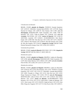 11. Lagartos e Anfisbenídeos (Squamata) dos Brejos Nordestinos
505
Coleodactylus meridionalis:
BRASIL: CEARÁ: planalto da Ibiapaba: TIANGUÁ: Fazenda Gameleira:
UFC L2354-55. UBAJARA: Fazenda Buriti-INCRA: UFC L1975-80. Parque
Nacional de Ubajara: UFC L2091-92. Sítio Santana: UFC L1903. serra de
Maranguape: MARANGUAPE: Clube Cascatinha: UFC L1904. Trilha do
Derretido: UFC L2352. Trilha da Rajada: UFC L1964-66, 2353. serra da
Aratanha: PACATUBA: UFC L1981. maciço de Baturité: UFC L2369-70.
ARATUBA: Lameirão: UFC L2360-61. GUARAMIRANGA: Sítio Riacho
Fundo: UFC L1898-1902. Sítio São José: UFC L1956, UFC L2371. PACOTI:
UFC L1982-83. Sítio Floresta: UFC L2364-65. Sítio São Gonçalo: UFC L2366-
68. Sítio São Joaquim: UFC L2362-63. chapada do Araripe: MZUSP 51686.
Floresta Nacional do Araripe, Crato: UFC L2358, UFC L2430-33.
Gymnodactylus geckoides:
BRASIL: CEARÁ: maciço de Baturité: MULUNGU: UFC L1984. chapada do
Araripe: MZUSP 51687-88, 54016-17, 54019, 54021-22.
Hemidactylus agrius:
BRASIL: CEARÁ: planalto da Ibiapaba: IBIAPINA: Ladeira do Mucambo:
UFC L2348. serra de Maranguape: MARANGUAPE: Clube Cascatinha: UFC
L2279. Sítio Irmãos Maristas: UFC L1960-61, UFC L2094. serra da Aratanha:
PACATUBA: UFC L2204, UFC L2214-15, UFC L2279.
Hemidactylus mabouia:
BRASIL: CEARÁ: planalto da Ibiapaba: IBIAPINA: Ladeira do Mucambo:
UFC L2324-26, UFC L2330. Sítio Pimentas: UFC L2193. TIANGUÁ: Fazenda
Gameleira: UFC L2327, UFC L2331-33. UBAJARA: Fazenda Buriti-INCRA:
UFC L2023. Pousada Le Village: UFC L2110. Sítio São Luís: UFC L2329.
Parque Nacional de Ubajara: UFC L2328, 1973-74. serra de Maranguape:
MARANGUAPE: Linha da Serra: UFC L2127, UFC L2320-23. Sítio Irmãos
Maristas: UFC L2319. maciço de Baturité: GUARAMIRANGA: Hotel
Remanso: UFC L2310, UFC L21312. MULUNGU: Cidade de Mulungu: UFC
L2311. Sítio Lorena: UFC L2315. PACOTI: Cidade de Pacoti: UFC L2314. Sítio
Olho d’Água dos Tangarás: UFC L2317-18. Sítio Pau do Alho: UFC L2030-31.
 