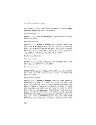 D. M. Borges-Nojosa & U. Caramaschi
506
Sítio São Luís: UFC L2313. PALMÁCIA: Sítio Rabay: UFC L2316. chapada
do Araripe: BARBALHA: Arajara: UFC L2098-99.
Lygodactylus klugei:
BRASIL: CEARÁ: serra de Maranguape: MARANGUAPE: Sítio Irmãos
Maristas: UFC L2289.
Phyllopezus pollicaris:
BRASIL: CEARÁ: planalto da Ibiapaba: SÃO BENEDITO: Inhuçu: UFC
L2047. serra de Maranguape: MARANGUAPE: Trilha do Cascatinha: UFC
L2084. serra da Aratanha: PACATUBA: UFC L2213. maciço de Baturité:
MULUNGU: Avenida: UFC L2715. chapada do Araripe: BARBALHA:
Arajara: MZUSP 51689, 54041, 54043, 54046, 54048, 54050-51
Família Gymnophthalmidae
Cercosaura ocellata:
BRASIL: CEARÁ: planalto da Ibiapaba: SÃO BENEDITO: Inhuçu: UFC
L2140. Queimadas: UFC L1196-97, UFC L2029.
Colobosaura modesta:
BRASIL: CEARÁ: planalto da Ibiapaba: UBAJARA: Fazenda Buriti-INCRA:
UFC L2020, UFC L2146. Parque Nacional de Ubajara: UFC L1971, UFC
L2139, UFC L2147.
Colobosauroides cearensis:
BRASIL: CEARÁ: planalto da Ibiapaba: UBAJARA: Parque Nacional de
Ubajara: UFC L2673-74, UFC L2636-37, UFC L2639, UFC L2678, UFC
L2641, UFC L2645, UFC L2705, UFC L2710. Fazenda Buriti-INCRA: UFC
L2638, UFC L2640, UFC L2642-44, UFC L2646-49, UFC L2680, UFC L2683,
UFC L2685, UFC L2687, UFC L2696, UFC L2702, UFC L2704, UFC L2707,
UFC L2709. serra de Maranguape: MARANGUAPE: Trilha do Pico da
Rajada: UFC L1963, UFC L1967, UFC L2130. serra da Aratanha:
PACATUBA: UFC L2222. maciço de Baturité: ARATUBA: Lameirão, Sítio
Brejo: UFC L2634. GUARAMIRANGA: Sítio Monte Belo: UFC L2625.
MULUNGU: Cidade de Mulungu: UFC L2650-52. Sítio Lorena: UFC L2622-
 