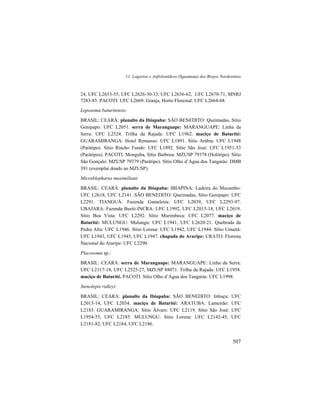 11. Lagartos e Anfisbenídeos (Squamata) dos Brejos Nordestinos
507
24, UFC L2653-55, UFC L2626-30-33, UFC L2656-62, UFC L2670-71, MNRJ
7283-85. PACOTI: UFC L2669. Granja, Horto Florestal: UFC L2664-68.
Leposoma baturitensis:
BRASIL: CEARÁ: planalto da Ibiapaba: SÃO BENEDITO: Queimadas, Sítio
Genipapo: UFC L2051. serra de Maranguape: MARANGUAPE: Linha da
Serra: UFC L2524. Trilha da Rajada: UFC L1962. maciço de Baturité:
GUARAMIRANGA: Hotel Remanso: UFC L1891. Sítio Arábia: UFC L1948
(Parátipo). Sítio Riacho Fundo: UFC L1892. Sítio São José: UFC L1951-53
(Parátipos). PACOTI: Monguba, Sítio Barbosa: MZUSP 79378 (Holótipo). Sítio
São Gonçalo: MZUSP 79379 (Parátipo). Sítio Olho d’Água dos Tangarás: DMB
391 (exemplar doado ao MZUSP).
Micrablepharus maximiliani:
BRASIL: CEARÁ: planalto da Ibiapaba: IBIAPINA: Ladeira do Mucambo:
UFC L2618, UFC L2141. SÃO BENEDITO: Queimadas, Sítio Genipapo: UFC
L2291. TIANGUÁ: Fazenda Gameleira: UFC L2039, UFC L2293-97.
UBAJARA: Fazenda Buriti-INCRA: UFC L1992, UFC L2015-18, UFC L2619.
Sítio Boa Vista: UFC L2292. Sítio Murimbeca: UFC L2077. maciço de
Baturité: MULUNGU: Mulungu: UFC L1941, UFC L2620-21. Quebrada da
Pedra Alta: UFC L1946. Sítio Lorena: UFC L1942, UFC L1944. Sítio Umaitá:
UFC L1943, UFC L1945, UFC L1947. chapada do Araripe: CRATO: Floresta
Nacional do Araripe: UFC L2290.
Placosoma sp.:
BRASIL: CEARÁ: serra de Maranguape: MARANGUAPE: Linha da Serra:
UFC L2117-18, UFC L2525-27, MZUSP 88071. Trilha da Rajada: UFC L1958.
maciço de Baturité. PACOTI. Sítio Olho d’Água dos Tangarás: UFC L1998.
Stenolepis ridleyi:
BRASIL: CEARÁ: planalto da Ibiapaba: SÃO BENEDITO: Inhuçu: UFC
L2013-14, UFC L2034. maciço de Baturité: ARATUBA: Lameirão: UFC
L2183. GUARAMIRANGA: Sítio Álvaro: UFC L2119. Sítio São José: UFC
L1954-55, UFC L2185. MULUNGU: Sítio Lorena: UFC L2142-45, UFC
L2181-82, UFC L2184, UFC L2186.
 