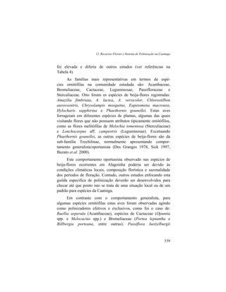 12. Recursos Florais e Sistema de Polinização na Caatinga
539
foi elevada e diferiu de outros estudos (ver referências na
Tabela 4).
As famílias mais representativas em termos de espé-
cies ornitófilas na comunidade estudada são: Acanthaceae,
Bromeliaceae, Cactaceae, Leguminosae, Passifloraceae e
Sterculiaceae. Oito foram es espécies de beija-flores registradas:
Amazilia fimbriata, A. lactea, A. versicolor, Chlorostilbon
aureoventris, Chrysolampis mosquitus, Eupetomena macroura,
Hylocharis sapphirina e Phaethornis gounellei. Estas aves
forrageiam em diferentes espécies de plantas, algumas das quais
visitando flores que não possuem atributos tipicamente ornitófilos,
como as flores melitófilas de Melochia tomentosa (Sterculiaceae)
e Lonchocarpus aff. campestris (Leguminosae). Excetuando
Phaethornis gounellei, as outras espécies de beija-flores são da
sub-família Trochilinae, normalmente apresentando compor-
tamento generalista/oportunista (Des Granges 1978, Sick 1997,
Buzato et al. 2000).
Este comportamento oportunista observado nas espécies de
beija-flores ocorrentes em Alagoinha poderia ser devido às
condições climáticas locais, composição florística e sazonalidade
dos períodos de floração. Contudo, outros estudos enfocando esta
guilda específica de polinização deverão ser desenvolvidos para
checar até que ponto isto se trata de uma situação local ou de um
padrão para espécies da Caatinga.
Em contraste com o comportamento generalista, para
algumas espécies ornitófilas estas aves foram observadas agindo
como polinizadores efetivos e exclusivos, como foi o caso de:
Ruellia asperula (Acanthaceae), espécies de Cactaceae (Opuntia
spp. e Melocactus spp.) e Bromeliaceae (Portea leptantha e
Billbergia porteana, entre outras), Passiflora luetzelburgii
 