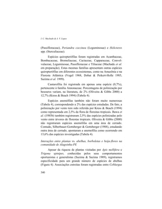 I. C. Machado & A. V. Lopes
540
(Passifloraceae), Periandra coccinea (Leguminosae) e Helicteres
spp. (Sterculiaceae).
Espécies quiropterófilas foram registradas em Acanthaceae,
Bombacaceae, Bromeliaceae, Cactaceae, Capparaceae, Convol-
vulaceae, Leguminosae, Passifloraceae e Tiliaceae (Machado et al.
em preparação). Estas mesmas famílias apresentam outras espécies
quiropterófilas em diferentes ecossistemas, como na Amazônia e na
Floresta Atlântica (Vogel 1968, Dobat & Peikert-Holle 1985,
Sazima et al. 1999).
Cantarofilia foi registrada em apenas uma espécie (0,7%),
pertencente à família Annonaceae. Porcentagens de polinização por
besouros variam, na literatura, de 2% (Oliveira & Gibbs 2000) a
12,7% (Kress & Beach 1994) (Tabela 4).
Espécies anemófilas também não foram muito numerosas
(Tabela 4), correspondendo a 2% das espécies estudadas. De fato, a
polinização por vento tem sido referida por Kress & Beach (1994)
como representada em 2,5% da flora de florestas tropicais. Bawa et
al. (1985b) também registraram 2,5% das espécies polinizadas pelo
vento entre árvores de florestas tropicais. Oliveira & Gibbs (2000)
não registraram espécies anemólifas em uma área de cerrado.
Contudo, Silberbauer-Gottsberger & Gottsberger (1988), estudando
outra área de cerrado, apontaram a anemofilia como ocorrendo em
13,6% das espécies investigadas (Tabela 4).
Interações entre plantas vs. abelhas, borboletas e beija-flores na
comunidade de Alagoinha-PE
Apesar da riqueza de plantas visitadas por Apis mellifera e
Trigona spinipes, conhecidas pelos seus comportamentos
oportunistas e generalistas (Sazima & Sazima 1989), registramos
especificidade para um grande número de espécies de abelhas
(Figura 4). Associações estreitas foram registradas entre Ceblurgus
 
