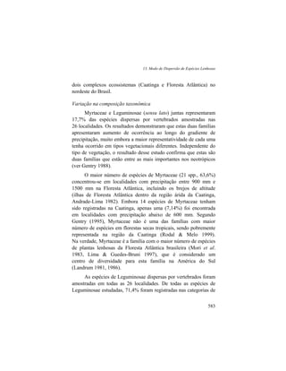 13. Modo de Dispersão de Espécies Lenhosas
583
dois complexos ecossistemas (Caatinga e Floresta Atlântica) no
nordeste do Brasil.
Variação na composição taxonômica
Myrtaceae e Leguminosae (sensu lato) juntas representaram
17,7% das espécies dispersas por vertebrados amostradas nas
26 localidades. Os resultados demonstraram que estas duas famílias
apresentaram aumento de ocorrência ao longo do gradiente de
precipitação, muito embora a maior representatividade de cada uma
tenha ocorrido em tipos vegetacionais diferentes. Independente do
tipo de vegetação, o resultado desse estudo confirma que estas são
duas famílias que estão entre as mais importantes nos neotrópicos
(ver Gentry 1988).
O maior número de espécies de Myrtaceae (21 spp., 63,6%)
concentrou-se em localidades com precipitação entre 900 mm e
1500 mm na Floresta Atlântica, incluindo os brejos de altitude
(ilhas de Floresta Atlântica dentro da região árida da Caatinga,
Andrade-Lima 1982). Embora 14 espécies de Myrtaceae tenham
sido registradas na Caatinga, apenas uma (7,14%) foi encontrada
em localidades com precipitação abaixo de 600 mm. Segundo
Gentry (1995), Myrtaceae não é uma das famílias com maior
número de espécies em florestas secas tropicais, sendo pobremente
representada na região da Caatinga (Rodal & Melo 1999).
Na verdade, Myrtaceae é a família com o maior número de espécies
de plantas lenhosas da Floresta Atlântica brasileira (Mori et al.
1983, Lima & Guedes-Bruni 1997), que é considerado um
centro de diversidade para esta família na América do Sul
(Landrum 1981, 1986).
As espécies de Leguminosae dispersas por vertebrados foram
amostradas em todas as 26 localidades. De todas as espécies de
Leguminosae estudadas, 71,4% foram registradas nas categorias de
 
