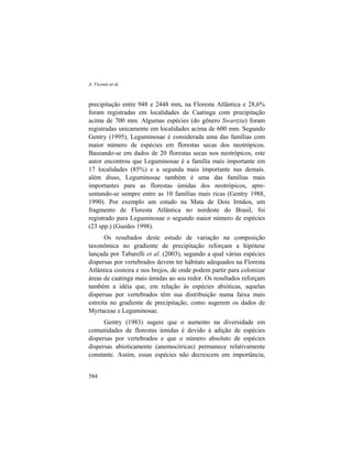 A. Vicente et al.
584
precipitação entre 948 e 2448 mm, na Floresta Atlântica e 28,6%
foram registradas em localidades da Caatinga com precipitação
acima de 700 mm. Algumas espécies (do gênero Swartzia) foram
registradas unicamente em localidades acima de 600 mm. Segundo
Gentry (1995), Leguminosae é considerada uma das famílias com
maior número de espécies em florestas secas dos neotrópicos.
Baseando-se em dados de 20 florestas secas nos neotrópicos, este
autor encontrou que Leguminosae é a família mais importante em
17 localidades (85%) e a segunda mais importante nas demais.
além disso, Leguminosae também é uma das famílias mais
importantes para as florestas úmidas dos neotrópicos, apre-
sentando-se sempre entre as 10 famílias mais ricas (Gentry 1988,
1990). Por exemplo um estudo na Mata de Dois Irmãos, um
fragmento de Floresta Atlântica no nordeste do Brasil, foi
registrado para Leguminosae o segundo maior número de espécies
(23 spp.) (Guedes 1998).
Os resultados deste estudo de variação na composição
taxonômica no gradiente de precipitação reforçam a hipótese
lançada por Tabarelli et al. (2003), segundo a qual várias espécies
dispersas por vertebrados devem ter hábitats adequados na Floresta
Atlântica costeira e nos brejos, de onde podem partir para colonizar
áreas de caatinga mais úmidas ao seu redor. Os resultados reforçam
também a idéia que, em relação às espécies abióticas, aquelas
dispersas por vertebrados têm sua distribuição numa faixa mais
estreita no gradiente de precipitação, como sugerem os dados de
Myrtaceae e Leguminosae.
Gentry (1983) sugere que o aumento na diversidade em
comunidades de florestas úmidas é devido à adição de espécies
dispersas por vertebrados e que o número absoluto de espécies
dispersas abioticamente (anemocóricas) permanece relativamente
constante. Assim, essas espécies não decrescem em importância,
 