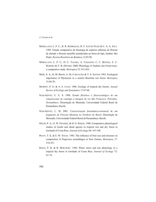 A. Vicente et al.
590
MORELLATO, L. P. C., R. R. RODRIGUES, H. F. LEITÃO FILHO & C. A. A. JOLY.
1989. Estudo comparativo da fenologia de espécies arbóreas de floresta
de altitude e floresta mesófila semidecídua na Serra do Japi, Jundiaí, São
Paulo. Revista Brasileira de Botânica 12:85-98.
MORELLATO, L. P. C., D. C. TALORA, A. TAKAHASI, C. C. BENCKE, E. C.
ROMERA & V. B. ZIPPARO. 2000. Phenology of Atalntic rain Forest trees:
a comparative study. Biotropica 32: 811-823.
MORI, S. A., B. M. BOOM, A. M. CARVALINO & T. S. SANTOS 1983. Ecological
importance of Myrtaceae in a eastern Brazilian wet forest. Biotropica
15:68-70.
MURPHY, P. G. & A. E. LUGO. 1986. Ecology of tropical dry forests. Annual
Review of Ecology and Systematics 17:67-88.
NASCIMENTO, C. E. S. 1998. Estudo florístico e fitossociológico de um
remanescente de caatinga à margem do rio São Francisco, Petrolina-
Pernambuco. Dissertação de Mestrado, Universidade Federal Rural de
Pernambuco, Recife.
NASCIMENTO, L. M. 2001. Caracterização fisionômica-estrutural de um
fragmento de Floresta Montana no Nordeste do Brasil. Dissertação de
Mestrado, Universidade Federal Rural de Pernambuco, Recife.
OPLER, P. A., G. W. FRANKIE, & H. G. BAKER. 1980. Comparative phenological
studies of treelet and shrub species in tropical wet and dry forest in
lowlands of Costa Rica. Journal of Ecology 68: 167-188.
PRATT, T. K. & E. W. STILES. 1985. The influence of fruit size and structure on
composition of frugivores assemblages in New Guinea. Biotropica 17:
314-321.
REICH, P. B. & R. BORCHERT. 1984. Water stress and tree phenology in a
tropical dry forest in lowlands of Costa Rica. Journal of Ecology 72:
61-74.
 