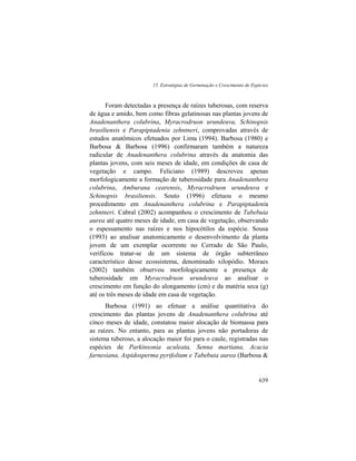 15. Estratégias de Germinação e Crescimento de Espécies
639
Foram detectadas a presença de raízes tuberosas, com reserva
de água e amido, bem como fibras gelatinosas nas plantas jovens de
Anadenanthera colubrina, Myracrodruon urundeuva, Schinopsis
brasiliensis e Parapiptadenia zehntneri, comprovadas através de
estudos anatômicos efetuados por Lima (1994). Barbosa (1980) e
Barbosa & Barbosa (1996) confirmaram também a natureza
radicular de Anadenanthera colubrina através da anatomia das
plantas jovens, com seis meses de idade, em condições de casa de
vegetação e campo. Feliciano (1989) descreveu apenas
morfologicamente a formação de tuberosidade para Anadenanthera
colubrina, Amburana cearensis, Myracrodruon urundeuva e
Schinopsis brasiliensis. Souto (1996) efetuou o mesmo
procedimento em Anadenanthera colubrina e Parapiptadenia
zehntneri. Cabral (2002) acompanhou o crescimento de Tabebuia
aurea até quatro meses de idade, em casa de vegetação, observando
o espessamento nas raízes e nos hipocótilos da espécie. Sousa
(1993) ao analisar anatomicamente o desenvolvimento da planta
jovem de um exemplar ocorrente no Cerrado de São Paulo,
verificou tratar-se de um sistema de órgão subterrâneo
característico desse ecossistema, denominado xilopódio. Moraes
(2002) também observou morfologicamente a presença de
tuberosidade em Myracrodruon urundeuva ao analisar o
crescimento em função do alongamento (cm) e da matéria seca (g)
até os três meses de idade em casa de vegetação.
Barbosa (1991) ao efetuar a análise quantitativa do
crescimento das plantas jovens de Anadenanthera colubrina até
cinco meses de idade, constatou maior alocação de biomassa para
as raízes. No entanto, para as plantas jovens não portadoras de
sistema tuberoso, a alocação maior foi para o caule, registradas nas
espécies de Parkinsonia aculeata, Senna martiana, Acacia
farnesiana, Aspidosperma pyrifolium e Tabebuia aurea (Barbosa &
 
