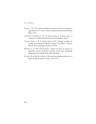 D. C. A. Barbosa
656
TOUMEY, J. W. 1929. Initial root habitat in american trees and its bearing on
regeneration. Pp 713-728 in: Anais do Congresso Internacional de Planta,
Ithaca, U.S.A.
VASCONCELOS SOBRINHO, J. 1971. As regiões naturais do Nordeste, o meio e a
civilização. Conselho do Desenvolvimento de Pernambuco, Recife.
VÁZQUEL-YANES, C. & A. OROZCO-SEGOVIA.1987. Fisiología ecológica de
semillas en la Estación de Biología Tropical “Los Tuxllas”, Veracruz,
México. Revista de Biologia Tropical 35: 85-96.
ROIZZMAN, L. G. 1993. Fitossociologia e dinâmica do banco de sementes de
populações arbóreas de floresta secundária em São Paulo. Dissertação
de Mestrado, Universidade de São Paulo, São Paulo.
WESTOBY, M., B. RICE & J. HOWELL.1990. Seed size and plant growth form as a
factors in dispersal spectra. Ecology 71:1307-1315.
 