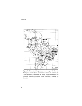 D. E. Prado
50
Figura 9. Rotas migratórias postuladas para a origem da flora das
Caatingas: a) conexão africana, b) conexão do Caribe, c) rota andina, d) rota
Trans-Amazônica, e) movimento de pinças, f) Arco Pleistocênico, g)
invasão da Amazônia, h) invasão da Floresta Amazônica, i) expansões dos
Cerrados.
 
