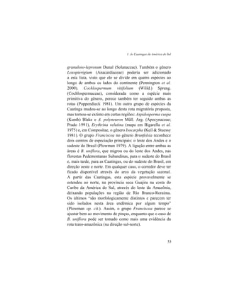1. As Caatingas da América do Sul
53
granuloso-leprosum Dunal (Solanaceae). Também o gênero
Loxopterigium (Anacardiaceae) poderia ser adicionado
a esta lista, visto que ele se divide em quatro espécies ao
longo de ambos os lados do continente (Pennington et al.
2000). Cochlospermum vitifolium (Willd.) Spreng.
(Cochlospermaceae), considerada como a espécie mais
primitiva do gênero, perece também ter seguido ambas as
rotas (Poppendieck 1981). Um outro grupo de espécies da
Caatinga mudou-se ao longo desta rota migratória proposta,
mas tornou-se extinto em certas regiões: Aspidosperma cuspa
(Kunth) Blake e A. polyneuron Müll. Arg. (Apocynaceae;
Prado 1991), Erythrina velutina (mapa em Bigarella et al.
1975) e, em Compositae, o gênero Isocarpha (Keil & Stuessy
1981). O grupo Franciscea no gênero Brunfelsia reconhece
dois centros de especiação principais: o leste dos Andes e o
sudeste do Brasil (Plowman 1979). A ligação entre ambas as
áreas é B. uniflora, que migrou ou do leste dos Andes, nas
florestas Pedemontanas Subandinas, para o sudeste do Brasil
e, mais tarde, para as Caatingas, ou do sudeste do Brasil, em
direção oeste e norte. Em qualquer caso, o corredor deve ter
ficado disponível através do arco da vegetação sazonal.
A partir das Caatingas, esta espécie provavelmente se
estendeu ao norte, na província seca Guajira na costa do
Caribe da América do Sul, através do leste da Amazônia,
deixando populações na região de Rio Branco-Roraima.
Os últimos “são morfologicamente distintos e parecem ter
sido isolados nesta área endêmica por algum tempo”
(Plowman op. cit.). Assim, o grupo Franciscea parece se
ajustar bem ao movimento de pinças, enquanto que o caso de
B. uniflora pode ser tomado como mais uma evidência da
rota trans-amazônica (na direção sul-norte).
 