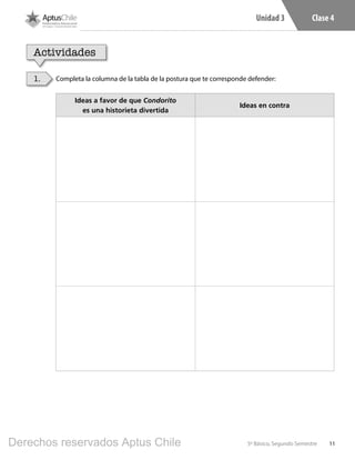 Unidad 3
115º Básico, Segundo Semestre
Clase 4
Actividades
Completa la columna de la tabla de la postura que te corresponde defender:
Ideas a favor de que Condorito
es una historieta divertida
Ideas en contra
1.
L502.indb 11 31-05-17 15:33
Derechos reservados Aptus Chile
 