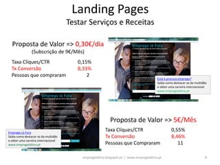 Landing Pages
                                     Testar Serviços e Receitas

  Proposta de Valor => 0,30€/dia
                (Subscrição de 9€/Mês)
  Taxa Cliques/CTR                      0,15%
  Tx Conversão                          8,33%
  Pessoas que compraram                     2
                                                                                      Está à procura emprego?
                                                                                      Saiba como destacar-se da multidão
                                                                                      e obter uma carreira internacional
                                                                                      www.empregolafora.pt




                                                         Proposta de Valor => 5€/Mês
Emprego Lá Fora
                                                      Taxa Cliques/CTR                         0,55%
Saiba como destacar-se da multidão                    Tx Conversão                             8,46%
e obter uma carreira internacional
www.empregolafora.pt                                  Pessoas que Compraram                       11

                                         empregolafora.blogspot.pt / www.empregolafora.pt                             8
 