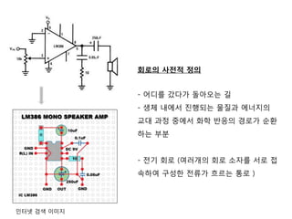 회로(circuit) : 전류가 흐르는
회로의 사전적 정의
- 어디를 갔다가 돌아오는 길
- 생체 내에서 진행되는 물질과 에너지의
교대 과정 중에서 화학 반응의 경로가 순환
하는 부분
- 전기 회로 (여러개의 회로 소자를 서로 접
속하여 구성한 전류가 흐르는 통로 )
인터넷 검색 이미지
 