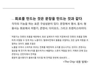 …. 회로를 만드는 것은 문장을 만드는 것과 같다.
각각의 기능을 하는 표준 구성성분이 있다. 문장에서 명사, 동사, 형
용사는 회로에서 젶기, 콘덴서, 다이오드, 그리고 트랜지스터이다.
젶기는 전류의 흐름을 제한해서, 회로 설계자가 어떤 지점에서든 전류의 흐름을 정확
하게 조절할 수 있게 하는 노즐이다. 텔레비전에서 볼퓸을 조절하는 것은 실제 젶을 조
절하는 것이다. 볼륨 조절은
노줄을 조여서 스피커로 흐르는 전류를 제한하여 소리를 감소시키는 것이다. 콘덴서는
필요할 때 전기적 에너지를 흡수하거나 배출하는 스폰지 역할을 한다. 카메라 안에 있는
콘덴서는 건전지에서 전력을
충분히 흡수했다가 플래시를 터뜨릴 때 전력을 한번에 내보낸다. …
<The Chip 내용 발췌>
 