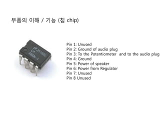 부품의 이해 / 기능 (칩 chip)
Pin 1: Unused
Pin 2: Ground of audio plug
Pin 3: To the Potentiometer and to the audio plug
Pin 4: Ground
Pin 5: Power of speaker
Pin 6: Power from Regulator
Pin 7: Unused
Pin 8 Unused
 
