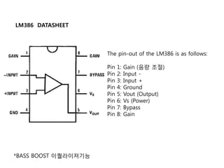 The pin-out of the LM386 is as follows:
Pin 1: Gain (음량 조절)
Pin 2: Input -
Pin 3: Input +
Pin 4: Ground
Pin 5: Vout (Output)
Pin 6: Vs (Power)
Pin 7: Bypass
Pin 8: Gain
*BASS BOOST 이퀄라이져기능
LM386 DATASHEET
 
