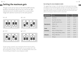 The gain setting is optimal if, upon reaching the desired maximum volume,
there is still a little reserve for readjustments. For use as preamp, the +0 dB
gain setting will be just right in most cases. The following table contains some
recommended gain settings for various headphone models.
Setting the maximum gain
The gain can be set by means of two identical DIP switches
located on the bottom side of the unit, one for the right
channel and one for the left channel. For a correct stereo
image both switches must be set to the same position.
1 | +0 dB
3 | +18 dB
2 | +10 dB
4 | +20 dB
ON
1 2
ON
1 2
ON
1 2
ON
1 2
ON
1 2
ON
1 2
ON
1 2
ON
1 2
Gain settings for various headphone models
The suggested gain settings in the table below are merely approximate values
and depend on personal listening habits and also on the sensitivity of the differ-
ent headphone types. Start by selecting the lower gain setting. Only switch to a
higher gain setting if you get to the right-hand stop of the control quite often
without achieving your desired maximum volume level.
Manufacturer Model loud very loud
AKG K141Studio +0 dB +0 dB
K501, K601, K701, K702 +0 dB +10 dB
K240DF, K272HD, K1000 +10 dB +20 dB
Beyerdynamic DT660, T5P +0 dB +0 dB
DT880, T1, T70 +0 dB +10 dB
Grado all types +0 dB +0 dB
Sennheiser HD25-1 II, HD439, HD500 +0 dB +0 dB
HD555, HD600/HD650, HD800 +0 dB +10 dB
Ultrasone HFI450, ED8, ED10 +0 dB +0 dB
HFI2400 +0 dB +10 dB
Linear48
EN
Linear 49
EN
 