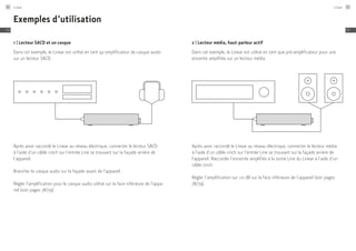 Exemples d’utilisation
1 | Lecteur SACD et un casque
Dans cet exemple, le Linear est utilisé en tant qu’amplificateur de casque audio
sur un lecteur SACD.
Après avoir raccordé le Linear au réseau électrique, connecter le lecteur SACD
à l’aide d’un câble cinch sur l’entrée Line se trouvant sur la façade arrière de
l’appareil.
Brancher le casque audio sur la façade avant de l’appareil.
Régler l’amplification pour le casque audio utilisé sur la face inférieure de l’appa-
reil (voir pages 78/79).
2 | Lecteur média, haut-parleur actif
Dans cet exemple, le Linear est utilisé en tant que pré-amplificateur pour une
enceinte amplifiée sur un lecteur média.
Après avoir raccordé le Linear au réseau électrique, connecter le lecteur média
à l’aide d’un câble cinch sur l’entrée Line se trouvant sur la façade arrière de
l’appareil. Raccorder l’enceinte amplifiée à la sortie Line du Linear à l’aide d’un
câble cinch.
Régler l’amplification sur +0 dB sur la face inférieure de l’appareil (voir pages
78/79).
Linear80
FR
Linear 81
FR
 