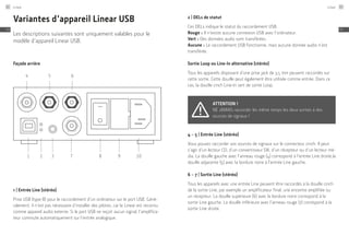 Variantes d’appareil Linear USB
Les descriptions suivantes sont uniquement valables pour le
modèle d’appareil Linear USB.
Façade arrière
1
4 5 6
2 3 7 8 9 10
1 | Entrée Line (stéréo)
Prise USB (type B) pour le raccordement d’un ordinateur sur le port USB. Géné-
ralement, il n’est pas nécessaire d’installer des pilotes, car le Linear est reconnu
comme appareil audio externe. Si le port USB ne reçoit aucun signal, l’amplifica-
teur commute automatiquement sur l’entrée analogique.
2 | DELs de statut
Ces DELs indique le statut du raccordement USB.
Rouge : Il n’existe aucune connexion USB avec l’ordinateur.
Vert : Des données audio sont transférées.
Aucune : Le raccordement USB fonctionne, mais aucune donnée audio n’est
transférée.
Sortie Loop ou Line-In alternative (stéréo)
Tous les appareils disposant d’une prise jack de 3,5 mm peuvent raccordés sur
cette sortie. Cette douille peut également être utilisée comme entrée. Dans ce
cas, la douille cinch Line-In sert de sortie Loop.
Attention !
NE JAMAIS raccorder les même temps les deux sorties à des
sources de signaux !
4 – 5 | Entrée Line (stéréo)
Vous pouvez raccorder vos sources de signaux sur le connecteur cinch. Il peut
s’agir d’un lecteur CD, d’un convertisseur DA, d’un récepteur ou d’un lecteur mé-
dia. La douille gauche avec l’anneau rouge (4) correspond à l’entrée Line droite,la
douille adjacente (5) avec la bordure noire à l’entrée Line gauche.
6 – 7 | Sortie Line (stéréo)
Tous les appareils avec une entrée Line peuvent être raccordés à la douille cinch
de la sortie Line, par exemple un amplificateur final, une enceinte amplifiée ou
un récepteur. La douille supérieure (6) avec la bordure noire correspond à la
sortie Line gauche. La douille inférieure avec l’anneau rouge (7) correspond à la
sortie Line droite.
Linear82
FR
Linear 83
FR
 
