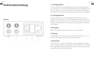 Funktionsbeschreibung
Rückseite
1 2 3 4 5
1 | Line-Eingang (Stereo)
An den Cinchbuchsen des Line-Eingangs können Sie Ihre Signalquelle anschlie-
ßen. Dies kann z. B. ein CD-Player, DA-Wandler, Receiver oder Medienplayer sein.
Die untere Buchse mit dem roten Ring steht für den rechten Line-Eingang, die
obere Buchse mit der schwarzen Umrandung steht für den linken Line-Eingang.
2 | Line-Ausgang (Stereo)
An den Cinchbuchsen des Line-Ausgangs können Sie alle Geräte mit Line-
Eingang anschließen. Dies kann z. B. ein Endverstärker, Aktivlautsprecher oder
Receiver sein. Die untere Buchse mit dem roten Ring steht für den rechten Line-
Ausgang, die obere Buchse mit der schwarzen Umrandung steht für den linken
Line-Ausgang.
3 | Netzschalter
Mit dem Netzschalter können Sie den Linear ein- und ausschalten.
4 | Sicherung
Sicherungshalter für eine Schmelzsicherung (siehe technische Daten S. 24). Es
dürfen nur Sicherungen des gleichen Typs verwendet werden.
5 | Netzanschluss
Stromanschluss des Gerätes zur Verwendung mit dem beigelegten Stromkabel
oder einem Kabel mit gleicher Steckerbauart. Der Linear darf nur mit der für das
Gerät vorgesehenen Netzspannung betrieben werden. Diese finden Sie auf dem
Typenschild auf der Unterseite des Gerätes.
DE
Linear14
DE
Linear 15
 