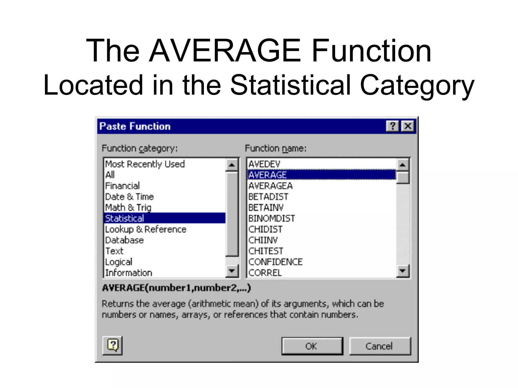 The AVERAGE Function
Located in the Statistical Category
 
