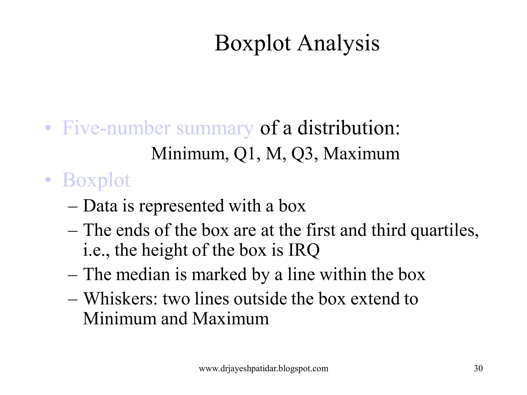 30
Boxplot Analysis
• Five-number summary of a distribution:
Minimum, Q1, M, Q3, Maximum
• Boxplot
– Data is represented with a box
– The ends of the box are at the first and third quartiles,
i.e., the height of the box is IRQ
– The median is marked by a line within the box
– Whiskers: two lines outside the box extend to
Minimum and Maximum
www.drjayeshpatidar.blogspot.com
 