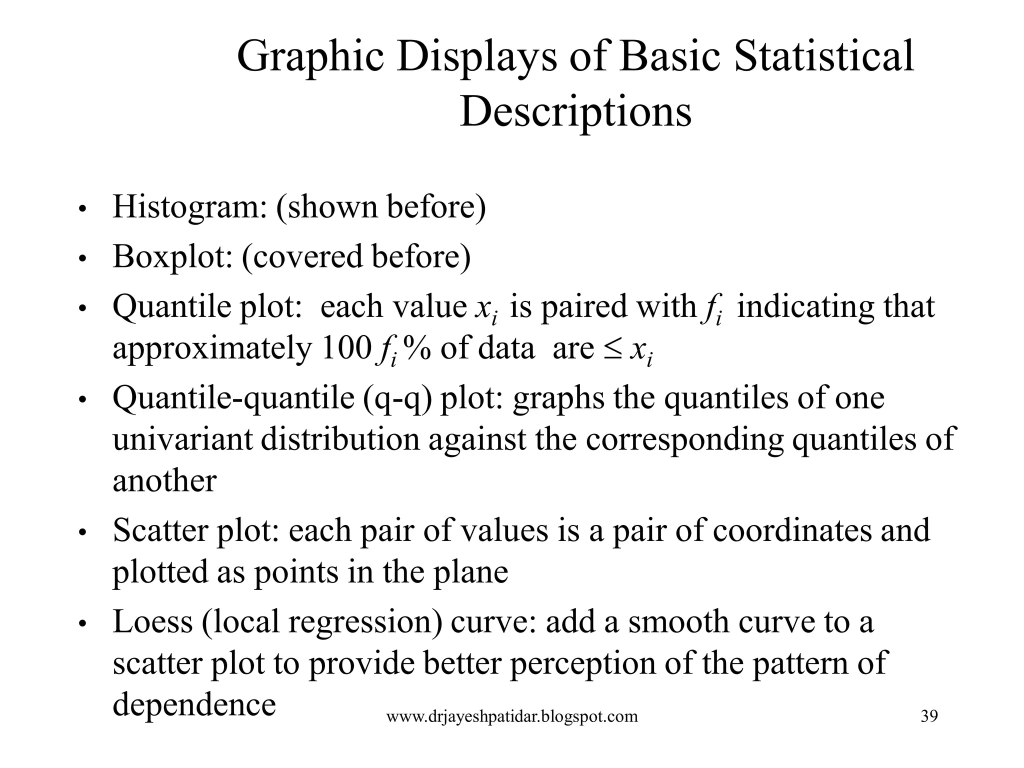 39
Graphic Displays of Basic Statistical
Descriptions
• Histogram: (shown before)
• Boxplot: (covered before)
• Quantile plot: each value xi is paired with fi indicating that
approximately 100 fi % of data are  xi
• Quantile-quantile (q-q) plot: graphs the quantiles of one
univariant distribution against the corresponding quantiles of
another
• Scatter plot: each pair of values is a pair of coordinates and
plotted as points in the plane
• Loess (local regression) curve: add a smooth curve to a
scatter plot to provide better perception of the pattern of
dependence www.drjayeshpatidar.blogspot.com
 