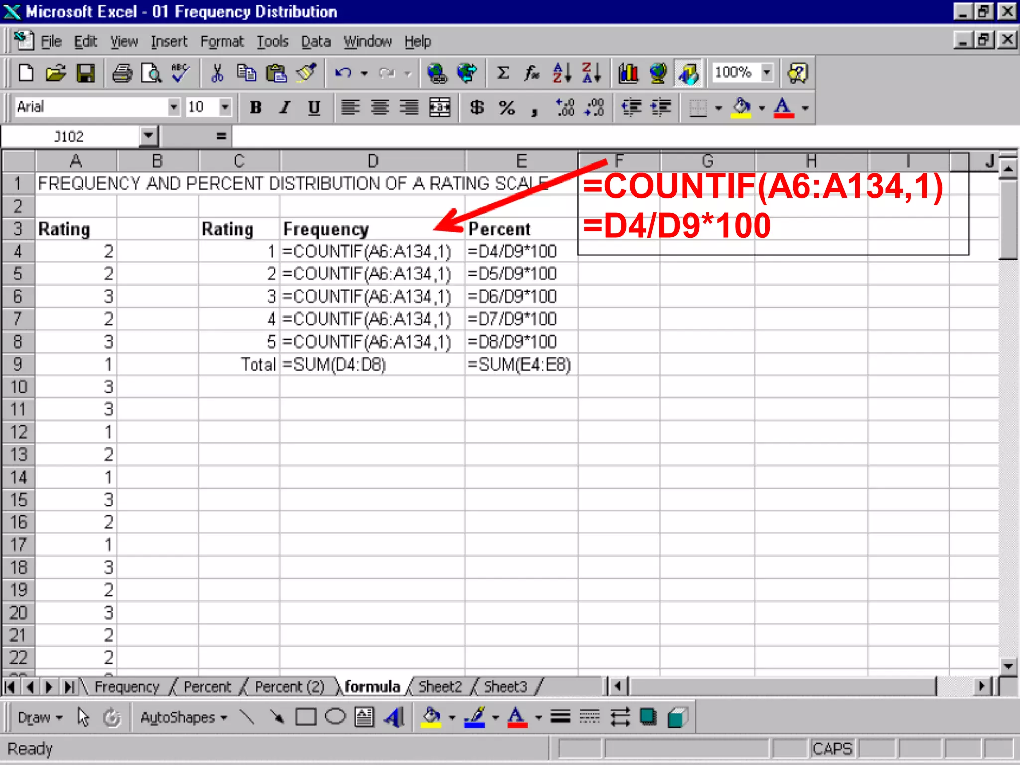 =COUNTIF(A6:A134,1)
=D4/D9*100
 
