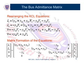 The Bus Admittance Matrix
The Bus Admittance Matrix
Rearranging the KCL Equations:
Rearranging the KCL Equations:
Matrix Formation of the Equations
Matrix Formation of the Equations:
:
BEE 3243 – Electric Power Systems – Module 5 13
13
 