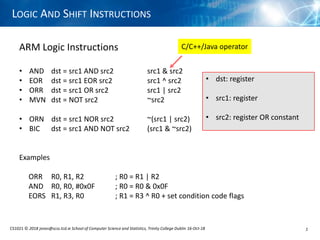 LOGIC AND SHIFT INSTRUCTIONS
CS1021 © 2018 jones@scss.tcd.ie School of Computer Science and Statistics, Trinity College Dublin 16-Oct-18 1
ARM Logic Instructions
• AND dst = src1 AND src2 src1 & src2
• EOR dst = src1 EOR src2 src1 ^ src2
• ORR dst = src1 OR src2 src1 | src2
• MVN dst = NOT src2 ~src2
• ORN dst = src1 NOR src2 ~(src1 | src2)
• BIC dst = src1 AND NOT src2 (src1 & ~src2)
Examples
ORR R0, R1, R2 ; R0 = R1 | R2
AND R0, R0, #0x0F ; R0 = R0 & 0x0F
EORS R1, R3, R0 ; R1 = R3 ^ R0 + set condition code flags
• dst: register
• src1: register
• src2: register OR constant
C/C++/Java operator
 